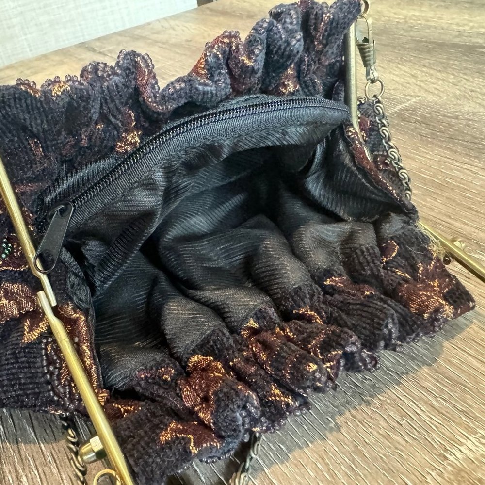Brown and Black Velvet Purse with Beaded Details and Satin Lining. - Picture 5 of 8